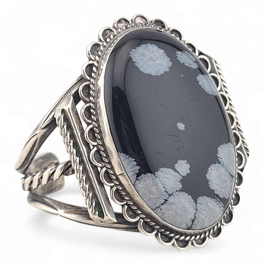 Native Snowflake Obsidian Cuff Bracelet Sterling Silver Massive 6.5in Vintage